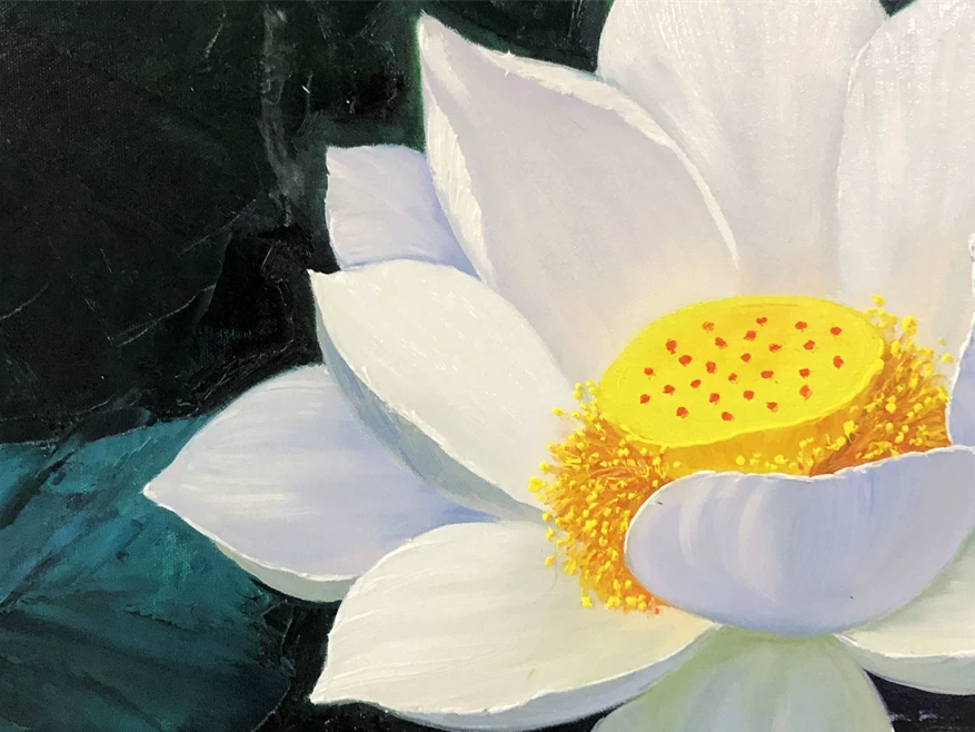"Pure and Spotless" - Original White Lotus Flower Fine Art Oil Painting by Merited Artist Kim Yeong Cheol | 71x48cm Hand-Painted Masterpiece Canvas 15021