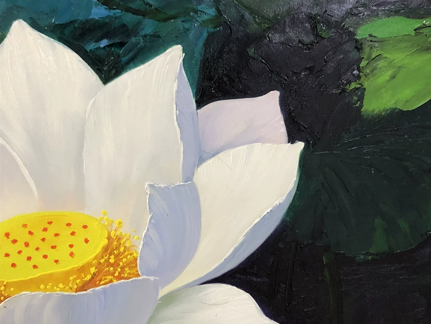 "Pure and Spotless" - Original White Lotus Flower Fine Art Oil Painting by Merited Artist Kim Yeong Cheol | 71x48cm Hand-Painted Masterpiece Canvas 15021