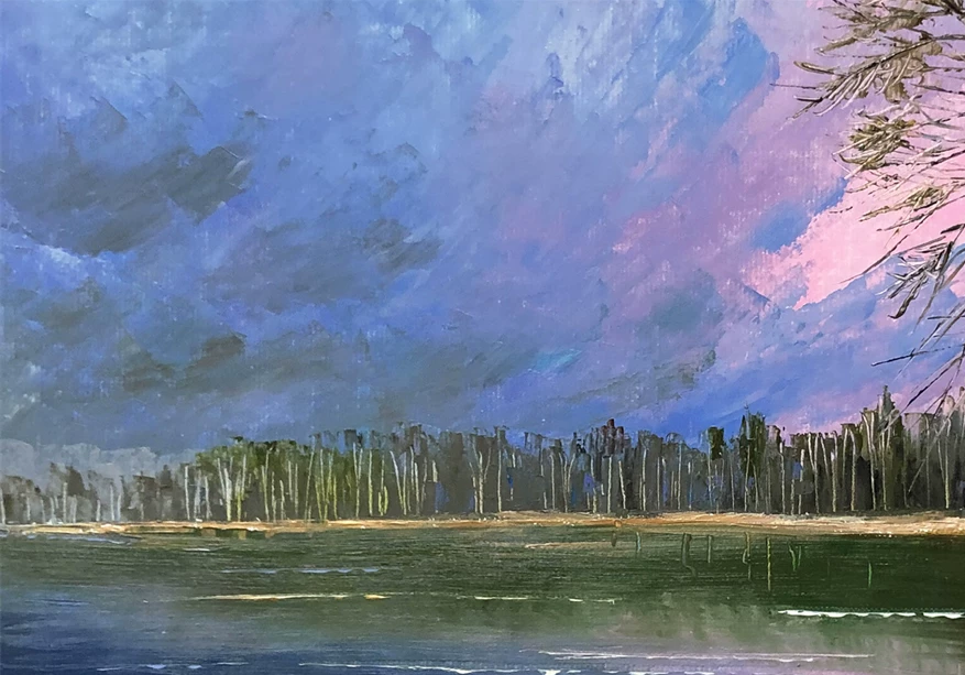 "Purple Aura from the East" - Original Lakefront Landscape Fine Art Oil Painting by First-Class Artist Lin Shengxi | 53x37cm Hand-Painted Premium Canvas Masterpiece 10582