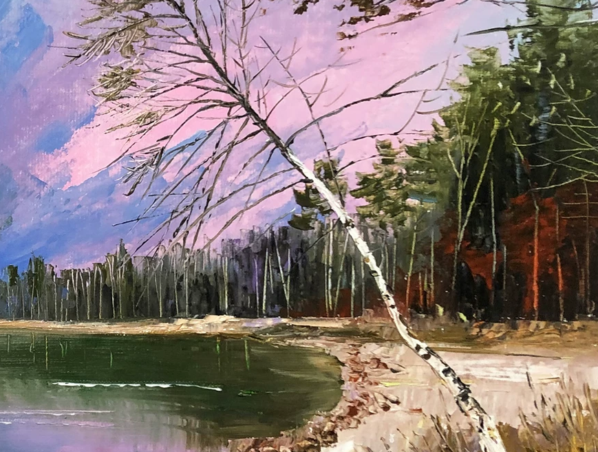"Purple Aura from the East" - Original Lakefront Landscape Fine Art Oil Painting by First-Class Artist Lin Shengxi | 53x37cm Hand-Painted Premium Canvas Masterpiece 10582