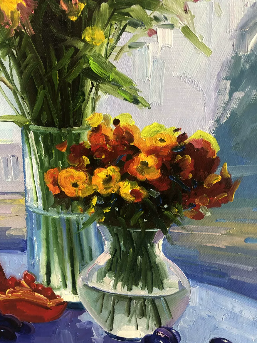 "The Radiant Banquet" - Original Impressionist Floral & Fruit Still Life Oil Painting by First-Class Artist Li Mingxun | 74x49cm Hand-Painted Premium Canvas Masterpiece 12895
