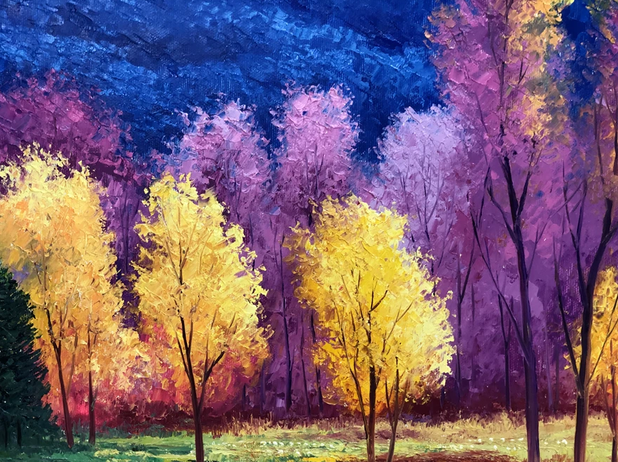 "The Symphony of Autumn Light" - Original Impressionist Vibrant Forest Landscape Oil Painting by Merited Artist Kim Young-chul | 90x60cm Hand-Painted Heavy Impasto Canvas Masterpiece 15327