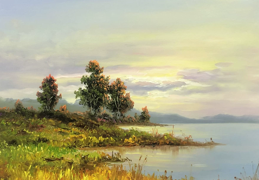 "Serenity by the Lake" - Original Fine Art Autumn Landscape Oil Painting by First-Class Artist Kim Chul-jun | 53x38cm Hand-Painted Premium Canvas Masterpiece 11414