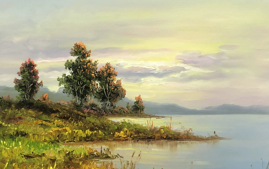 "Serenity by the Lake" - Original Fine Art Autumn Landscape Oil Painting by First-Class Artist Kim Chul-jun | 53x38cm Hand-Painted Premium Canvas Masterpiece 11414