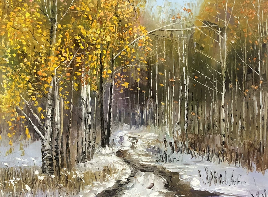 "The Golden Path Through Snow" - Original Impressionist Birch Forest Landscape Oil Painting by First-Class Artist Lin Shengxi | 53x37cm Hand-Painted Heavy Impasto Canvas Masterpiece 11236