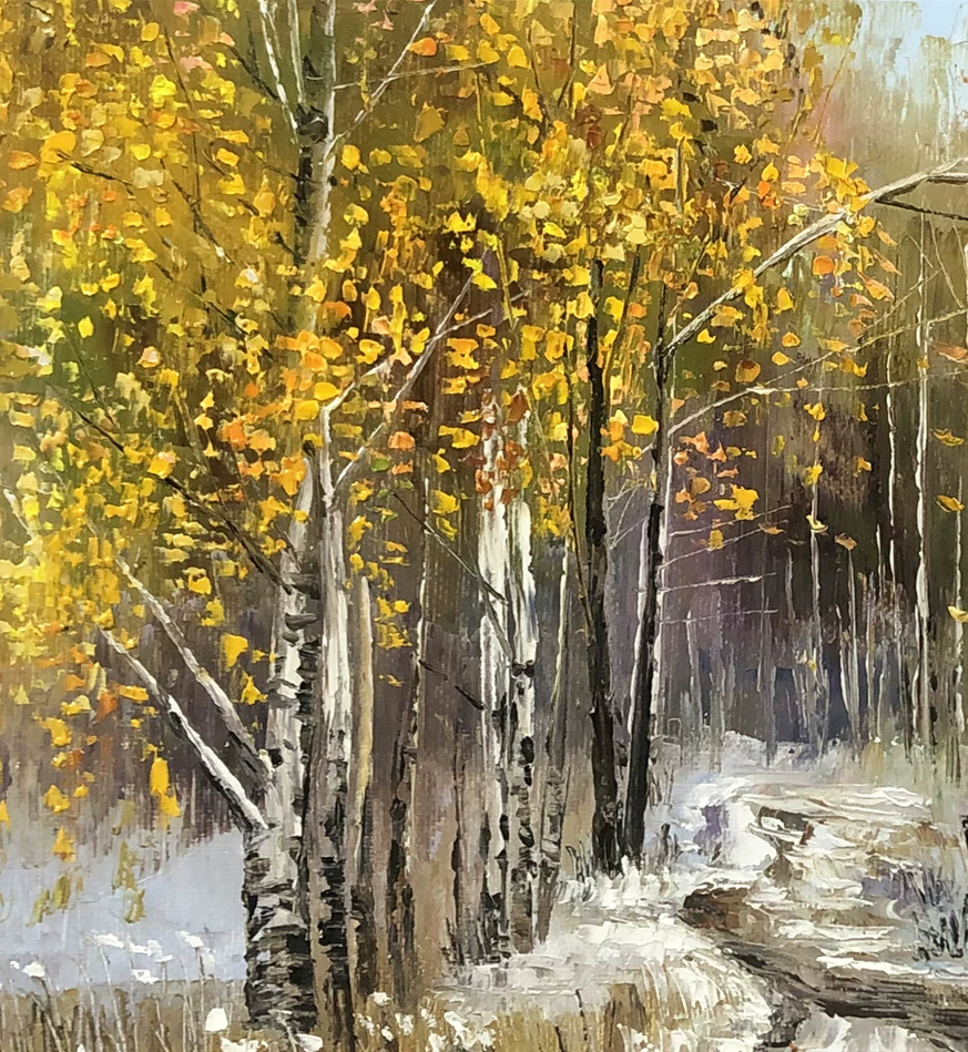 "The Golden Path Through Snow" - Original Impressionist Birch Forest Landscape Oil Painting by First-Class Artist Lin Shengxi | 53x37cm Hand-Painted Heavy Impasto Canvas Masterpiece 11236