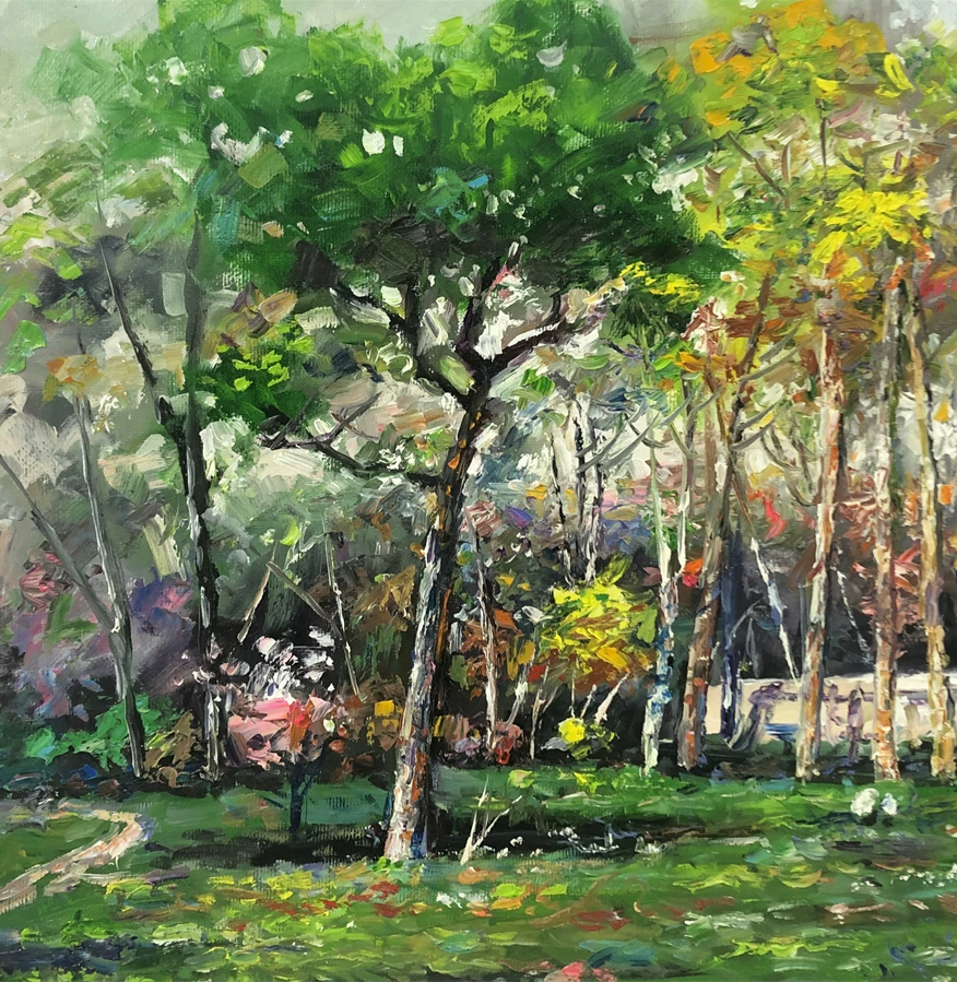 "The Vibrant Woods" - Original Impressionist Park Forest Landscape Oil Painting by First-Class Artist Hong Mingri | 100x59cm Hand-Painted Vivid Impasto Canvas Masterpiece G2410