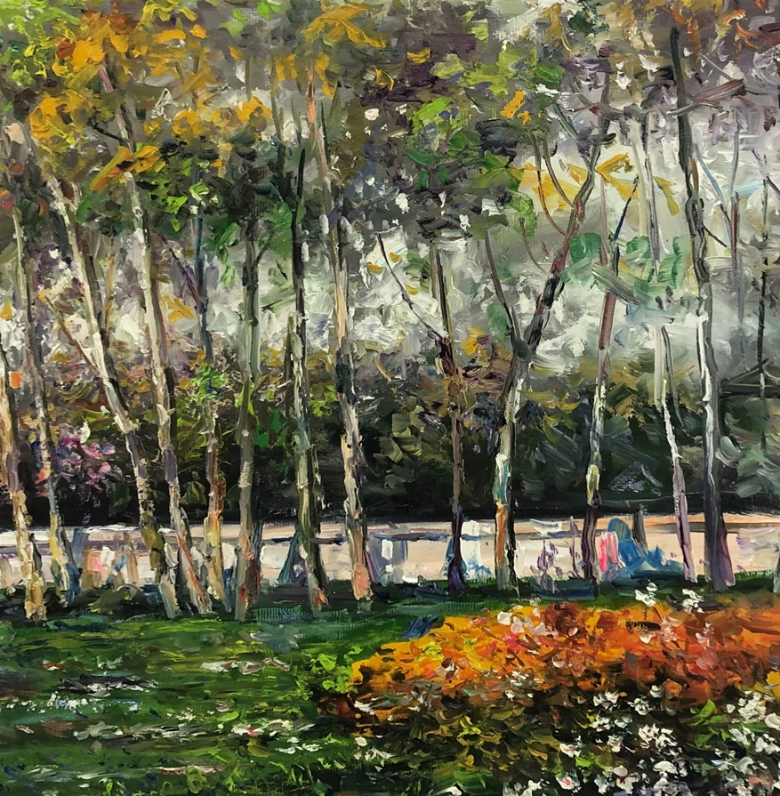 "The Vibrant Woods" - Original Impressionist Park Forest Landscape Oil Painting by First-Class Artist Hong Mingri | 100x59cm Hand-Painted Vivid Impasto Canvas Masterpiece G2410