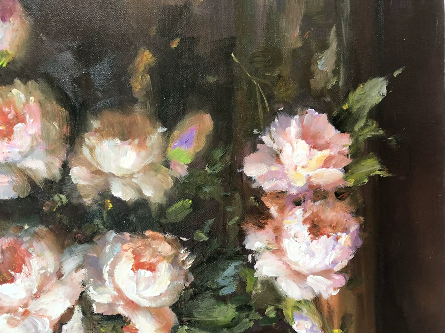 "Peonies in Full Bloom" - Original Classical Chiaroscuro Still Life Oil Painting by First-Class Artist Gao Jinxiu | 91x62cm Hand-Painted Textured Impasto Fine Art Canvas BR1470