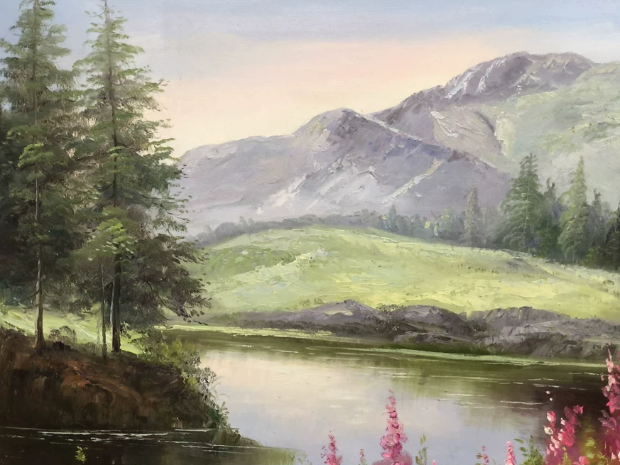 "Lush Forest & Blooming Meadow" - Original Serene Alpine Lake Landscape Oil Painting by First-Class Artist Nam Su | 91x64cm Hand-Painted Fine Art Canvas 15546