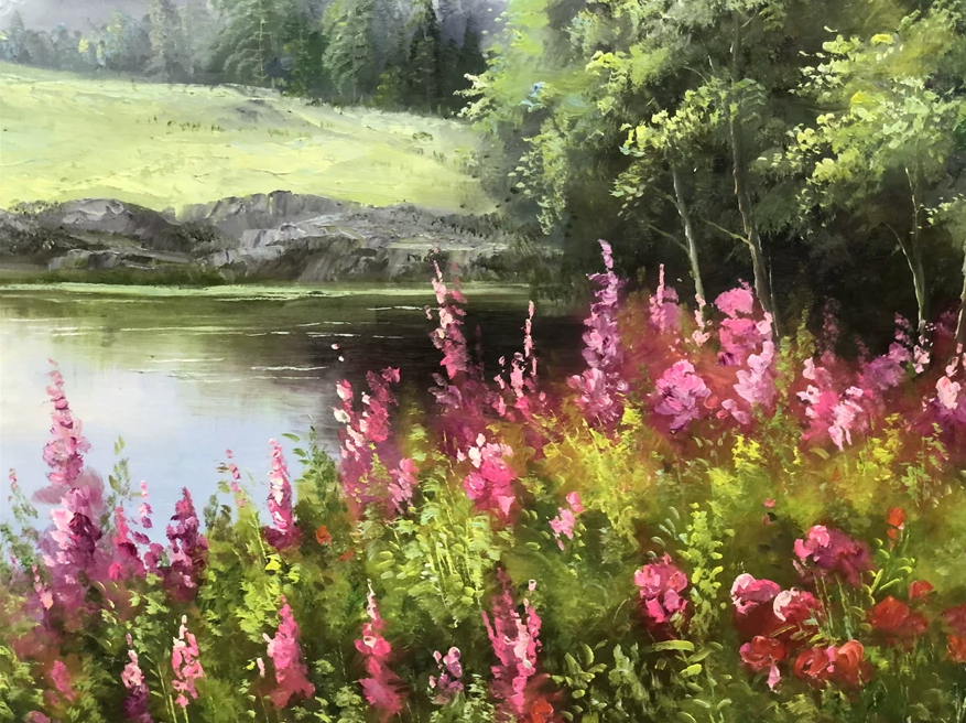 "Lush Forest & Blooming Meadow" - Original Serene Alpine Lake Landscape Oil Painting by First-Class Artist Nam Su | 91x64cm Hand-Painted Fine Art Canvas 15546