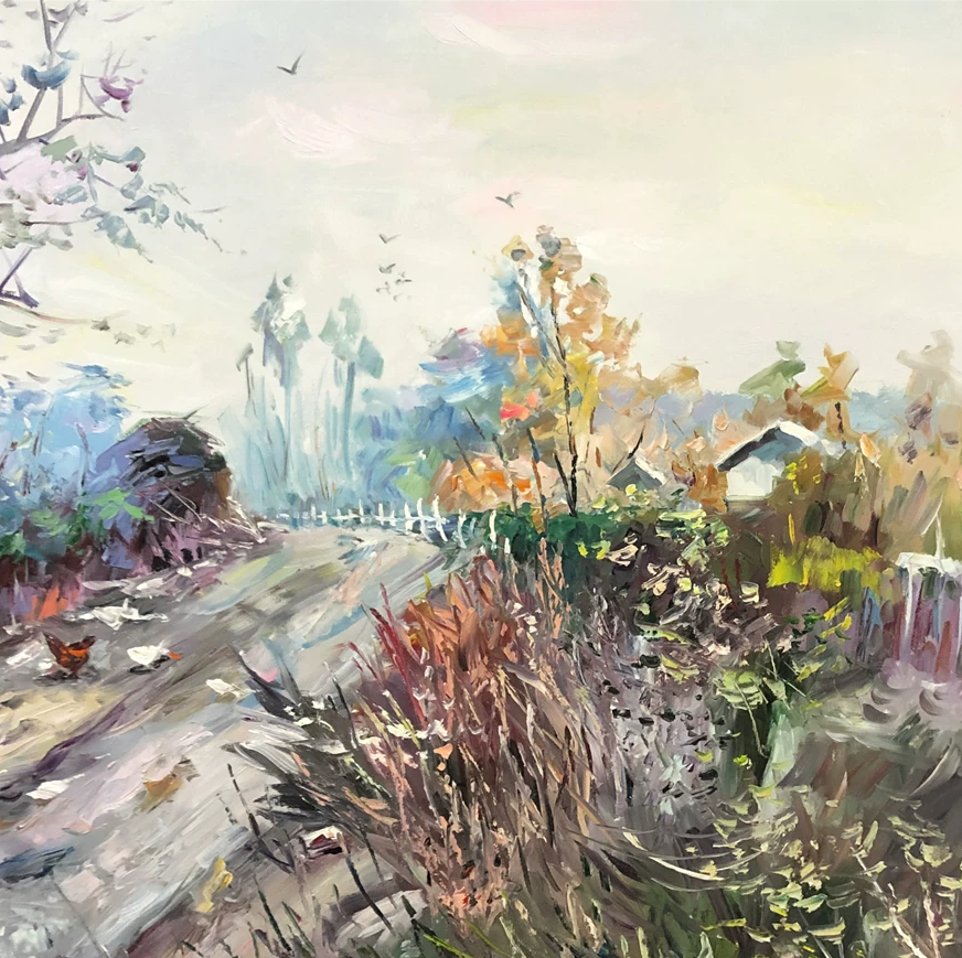 "The Village Path" - Original Impressionist Rural Landscape Oil Painting by First-Class Artist Ming Ri (2022) | Hand-Painted Textured Impasto Fine Art Canvas G2195