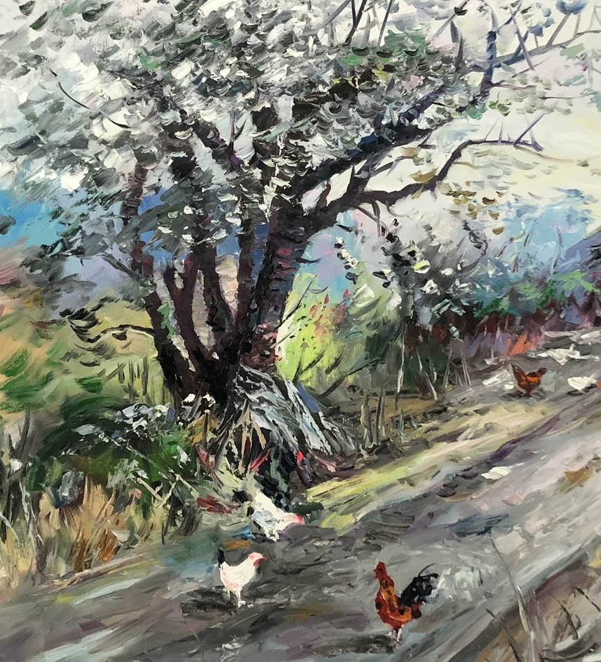 "The Village Path" - Original Impressionist Rural Landscape Oil Painting by First-Class Artist Ming Ri (2022) | Hand-Painted Textured Impasto Fine Art Canvas G2195