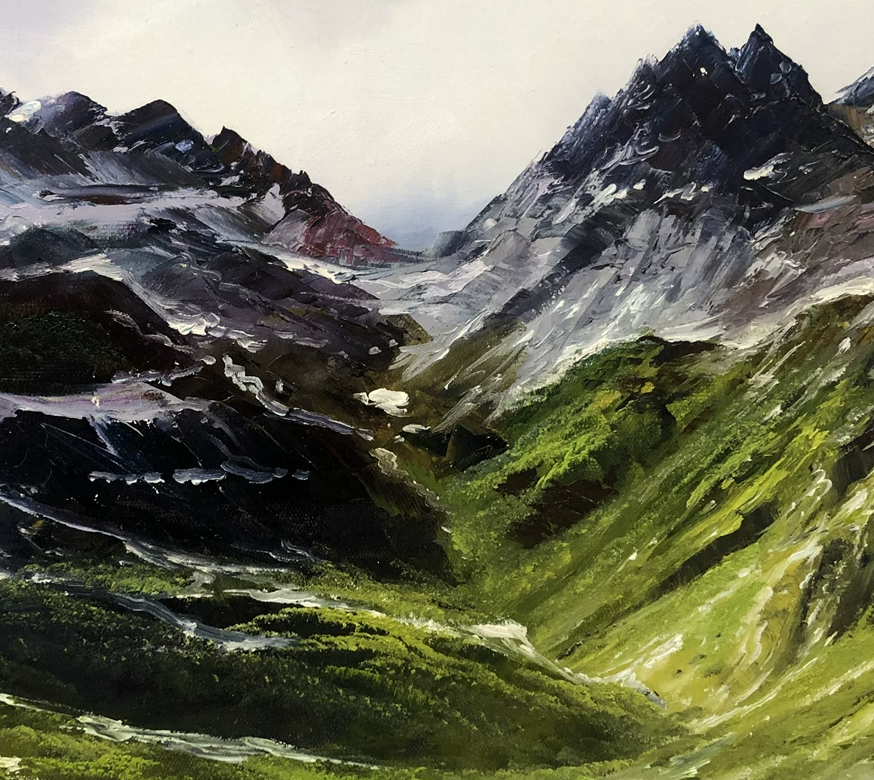 "Majestic Peaks & Heavenly Lake" - Original Alpine Landscape Oil Painting by First-Class Artist Zhao Zhuri | 90x60cm Hand-Painted Fine Art Canvas (The Wealth Basin) 10347