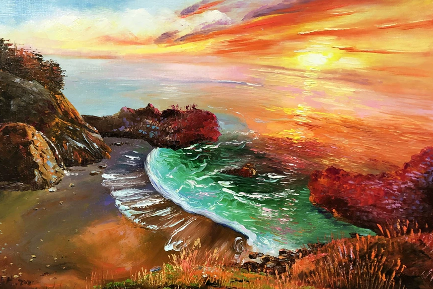 "Glorious Sunrise Over Emerald Waves" - Original Radiant Seascape Oil Painting by First-Class Artist Jin Enxin | 53x37cm Hand-Painted Textured Fine Art Canvas (The Rising Sun) 10309