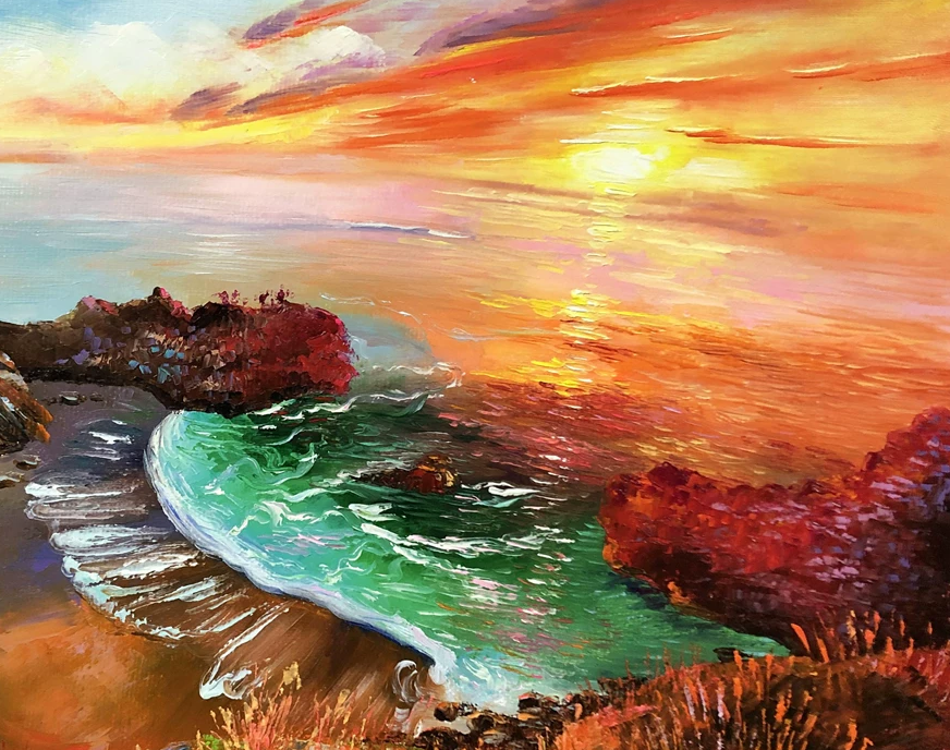 "Glorious Sunrise Over Emerald Waves" - Original Radiant Seascape Oil Painting by First-Class Artist Jin Enxin | 53x37cm Hand-Painted Textured Fine Art Canvas (The Rising Sun) 10309