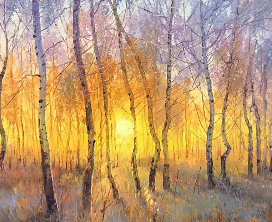 "Winter Sun" - Original Impressionist Birch Forest Landscape Oil Painting by First-Class Artist Paek Eun Chol (2022) | 90x60cm Hand-Painted Textured Fine Art Canvas (The Radiant Dawn) 12040