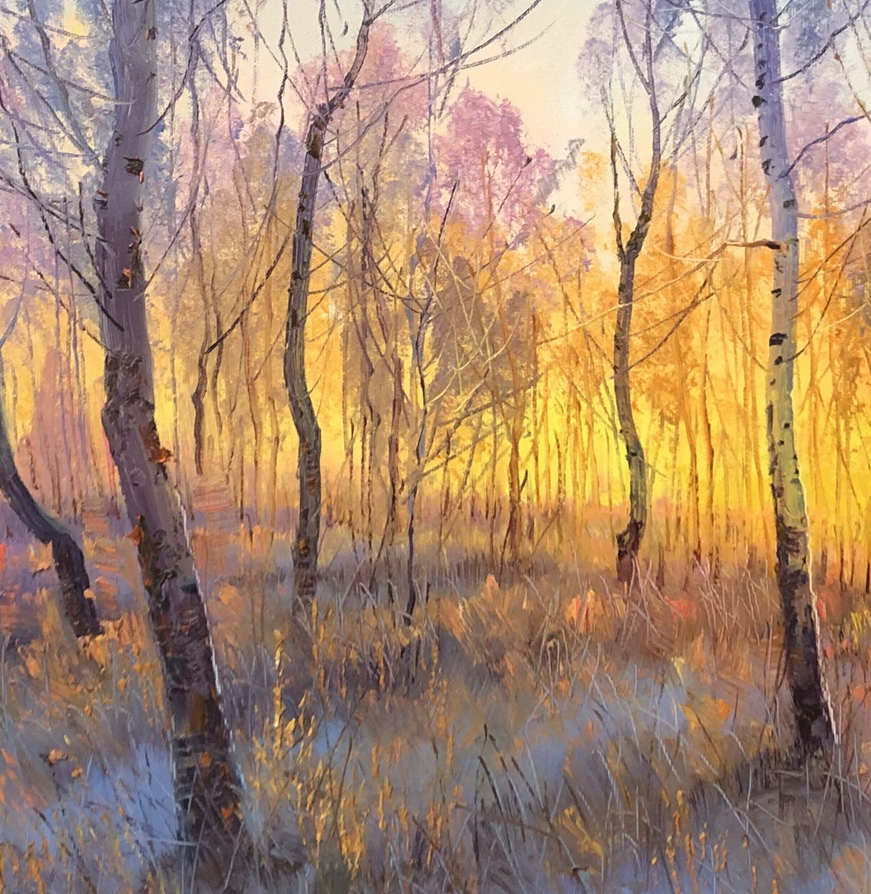 "Winter Sun" - Original Impressionist Birch Forest Landscape Oil Painting by First-Class Artist Paek Eun Chol (2022) | 90x60cm Hand-Painted Textured Fine Art Canvas (The Radiant Dawn) 12040
