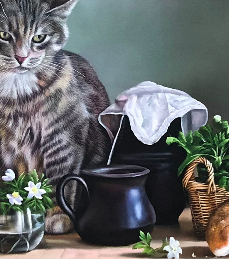 "The Regal Companion" - Original Hyperrealistic Cat & Still Life Oil Painting by First-Class Artist Ji Chol Rim (2023) | 90x60cm Hand-Painted Textured Fine Art Canvas 14859