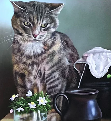 "The Regal Companion" - Original Hyperrealistic Cat & Still Life Oil Painting by First-Class Artist Ji Chol Rim (2023) | 90x60cm Hand-Painted Textured Fine Art Canvas 14859
