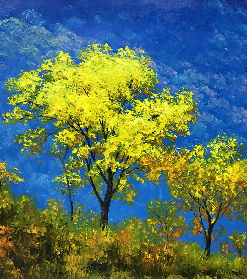 "Vibrant Greenery" - Original Modernist Heavy-Impasto Landscape Oil Painting by Merited Artist Kim Yeong Cheol (2023) | 90x60cm Hand-Painted Luminous Golden Tree & Deep Blue Mountain Canvas 15280