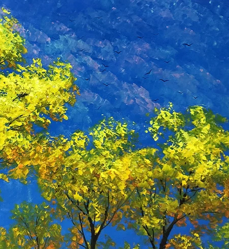 "Vibrant Greenery" - Original Modernist Heavy-Impasto Landscape Oil Painting by Merited Artist Kim Yeong Cheol (2023) | 90x60cm Hand-Painted Luminous Golden Tree & Deep Blue Mountain Canvas 15280