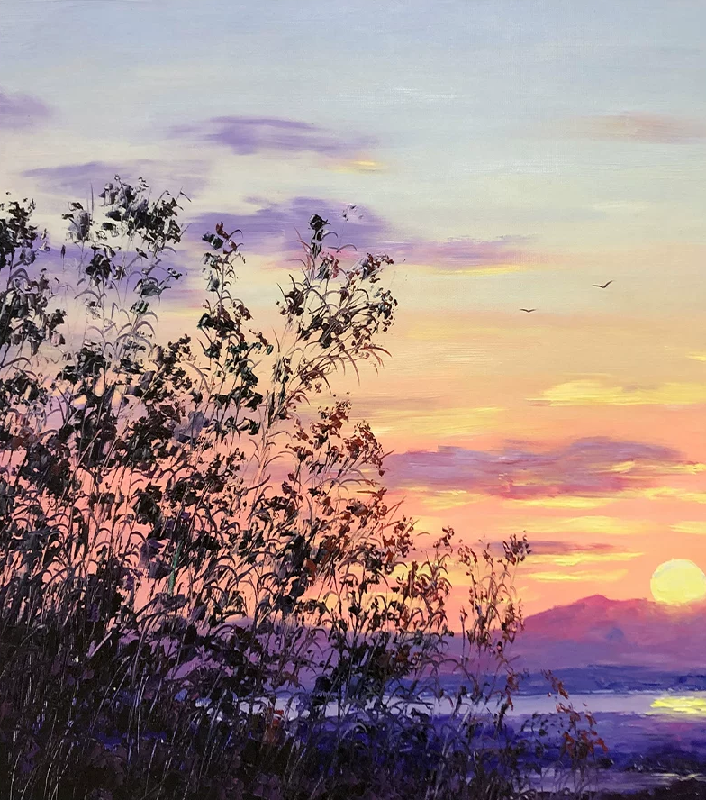 "The Purple Haze" (Auspicious Sunrise) - Original Luminous Landscape Oil Painting by Merited Artist Kim Yeong Cheol (2023) | 90x60cm Hand-Painted Pastel Lavender Sunset & Golden River Canvas 15258
