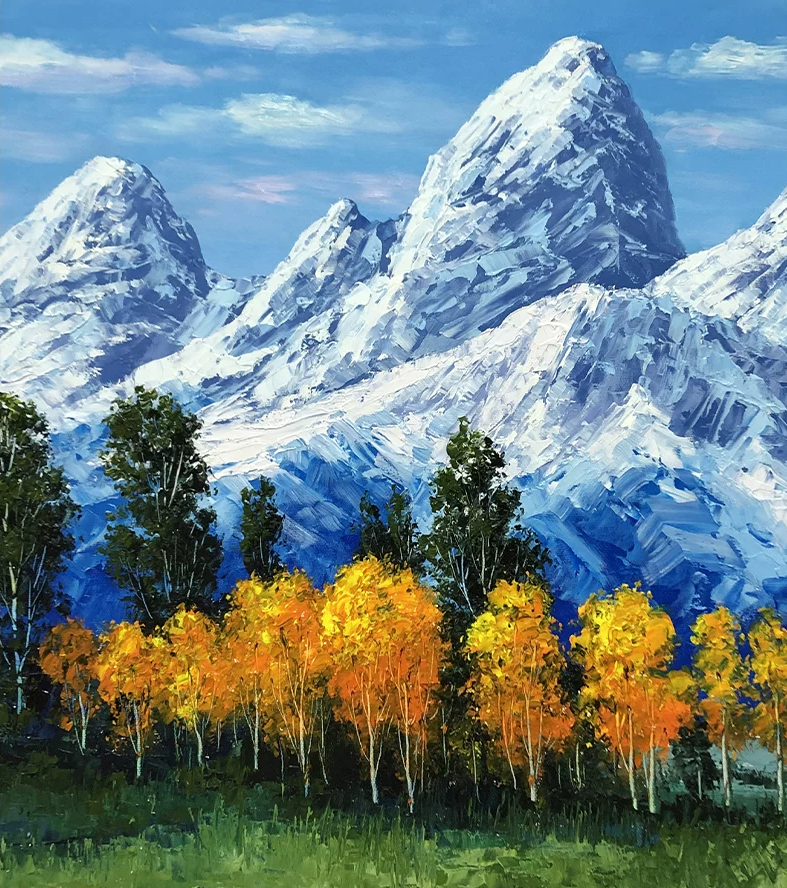 "The Sacred Mountain & Golden Forest" - Original Majestic Landscape Oil Painting by Merited Artist Kim Yeong Cheol (2023) | 90x60cm Hand-Painted Peak of Fortune & Vibrant Autumn Birch Canvas 15278