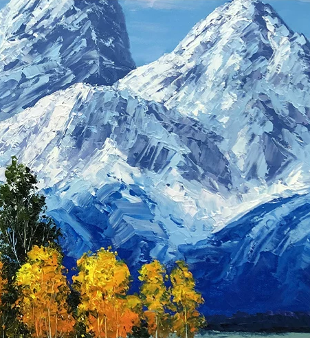"The Sacred Mountain & Golden Forest" - Original Majestic Landscape Oil Painting by Merited Artist Kim Yeong Cheol (2023) | 90x60cm Hand-Painted Peak of Fortune & Vibrant Autumn Birch Canvas 15278