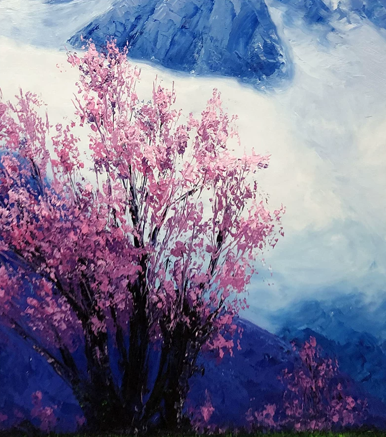 "Spring Over the Glacial Peak" - Original Majestic Landscape Oil Painting by Merited Artist Kim Yeong Cheol (2023) | 60x90cm Vertical Hand-Painted Sacred Snow Mountain & Blooming Pink Cherry Canvas 15277