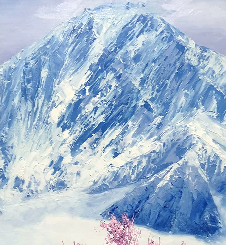 "Spring Over the Glacial Peak" - Original Majestic Landscape Oil Painting by Merited Artist Kim Yeong Cheol (2023) | 60x90cm Vertical Hand-Painted Sacred Snow Mountain & Blooming Pink Cherry Canvas 15277