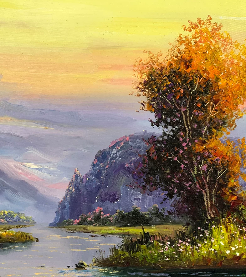 "The Serene River of Fortune" - Original Impressionist Landscape Oil Painting by First-Class Artist Kim Chol Jun (2022) | 90x60cm Hand-Painted Luminous Sunset & Wealth-Flowing River Canvas 14592