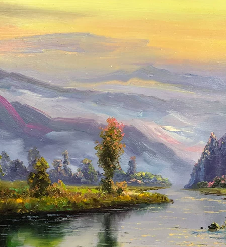 "The Serene River of Fortune" - Original Impressionist Landscape Oil Painting by First-Class Artist Kim Chol Jun (2022) | 90x60cm Hand-Painted Luminous Sunset & Wealth-Flowing River Canvas 14592