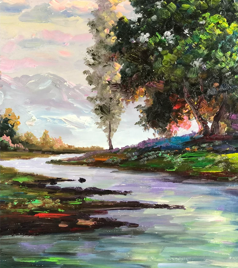 "The Vibrant Stream of Abundance" - Original Impressionist Landscape Oil Painting by First-Class Artist Kim Chol Jun (2022) | 90x60cm Hand-Painted Luminous River & Rich Autumnal Forest Canvas 14597
