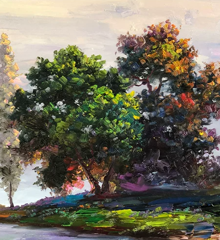 "The Vibrant Stream of Abundance" - Original Impressionist Landscape Oil Painting by First-Class Artist Kim Chol Jun (2022) | 90x60cm Hand-Painted Luminous River & Rich Autumnal Forest Canvas 14597