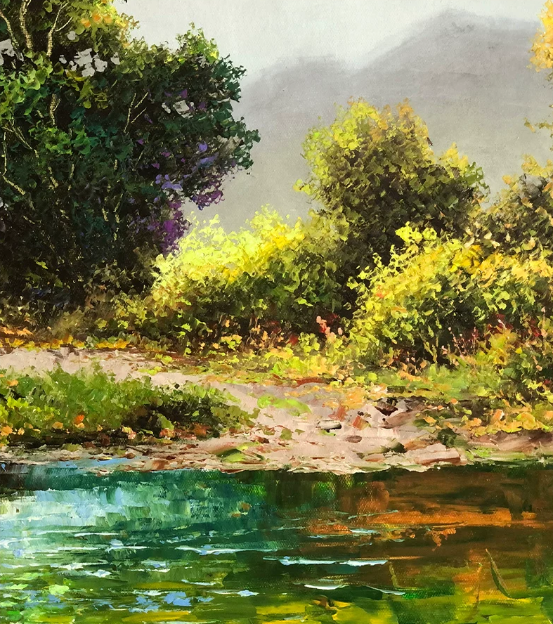 "The Murmuring Emerald Stream under Moonlight" - Original Landscape Oil Painting by First-Class Artist Kim Chol Jun | 90x60cm Hand-Painted Luminous Full Moon & Deep Forest River Canvas 13648