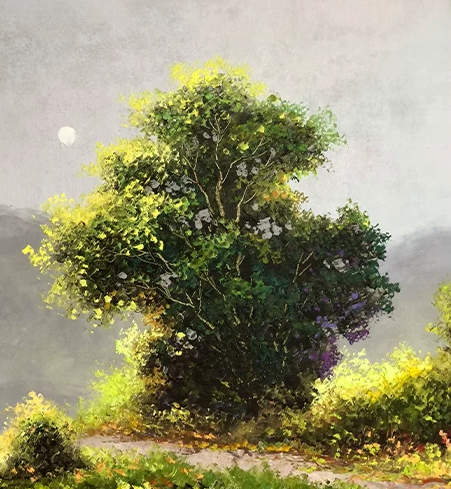 "The Murmuring Emerald Stream under Moonlight" - Original Landscape Oil Painting by First-Class Artist Kim Chol Jun | 90x60cm Hand-Painted Luminous Full Moon & Deep Forest River Canvas 13648
