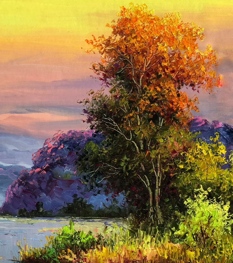 "The Purple Aura of Sovereign Fortune" - Original Landscape Oil Painting by First-Class Artist Kim Chol Jun | 90x60cm Hand-Painted Glorious Golden Sunset & Radiant River Canvas 13652