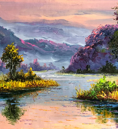 "The Purple Aura of Sovereign Fortune" - Original Landscape Oil Painting by First-Class Artist Kim Chol Jun | 90x60cm Hand-Painted Glorious Golden Sunset & Radiant River Canvas 13652