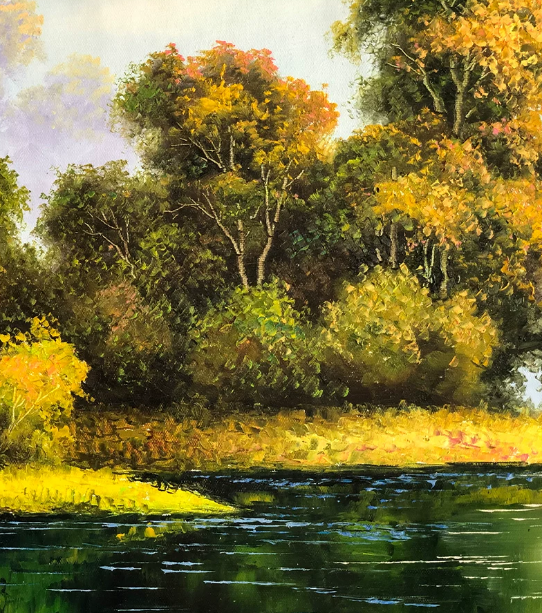 "The Golden Grove of Abundant Harvest" - Original Landscape Oil Painting by First-Class Artist Kim Chol Jun | 90x60cm Hand-Painted Misty Pink-Purple Sky & Radiant Autumn River Canvas 13659