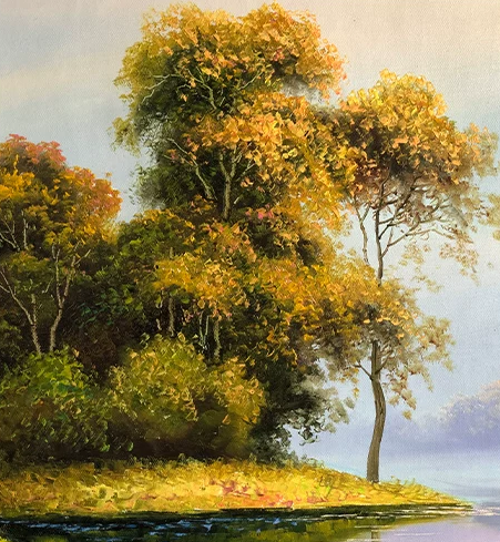 "The Golden Grove of Abundant Harvest" - Original Landscape Oil Painting by First-Class Artist Kim Chol Jun | 90x60cm Hand-Painted Misty Pink-Purple Sky & Radiant Autumn River Canvas 13659