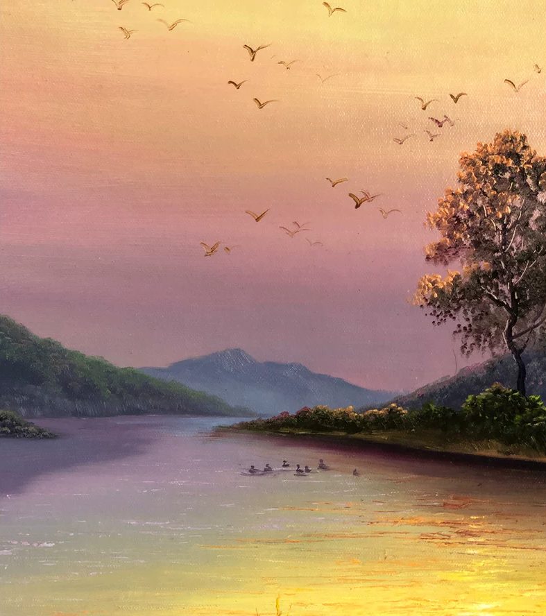 "The Ascendant Flight of Infinite Horizon" - Original Landscape Oil Painting by First-Class Artist Kim Chol Jun | 90x60cm Hand-Painted Soaring Birds & Glorious Gilded River Twilight Canvas 14596