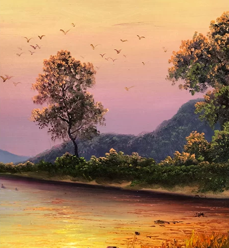"The Ascendant Flight of Infinite Horizon" - Original Landscape Oil Painting by First-Class Artist Kim Chol Jun | 90x60cm Hand-Painted Soaring Birds & Glorious Gilded River Twilight Canvas 14596