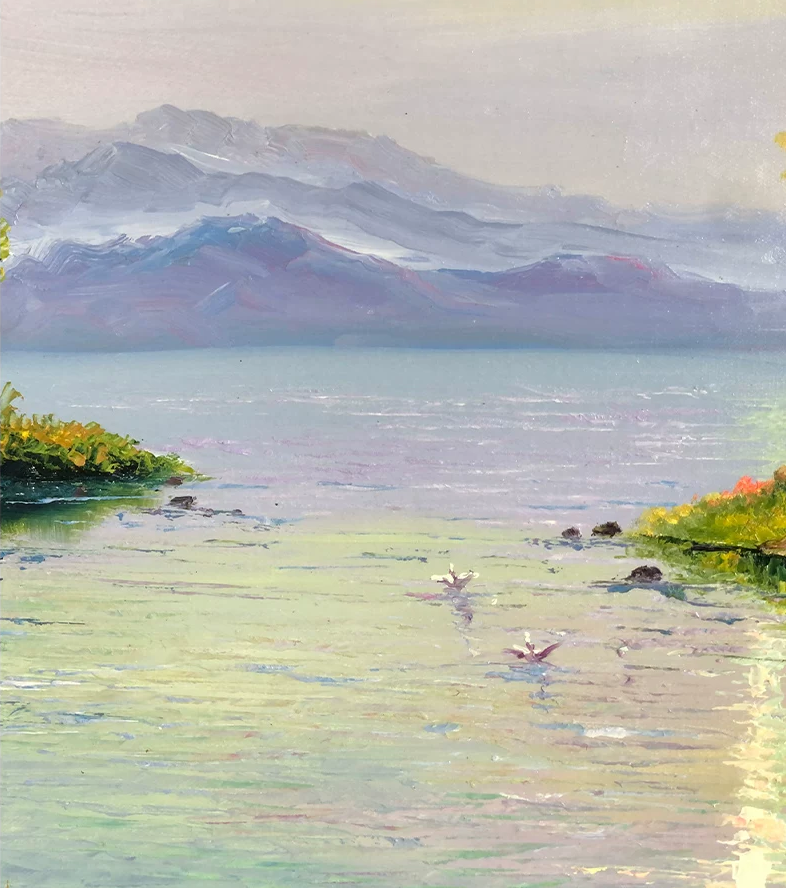 "The Sanctuary of Mountain Echoes" - Original Landscape Oil Painting by First-Class Artist Kim Chol Jun | 90x60cm Hand-Painted Backlit Forest & Serene Goose Lake Reflection Canvas 14593