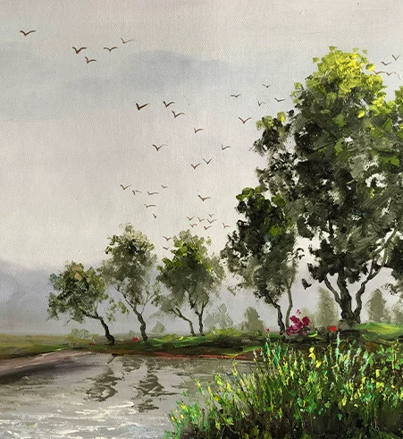 "The Ascendant Flight of Infinite Horizon" - Original Landscape Oil Painting by First-Class Artist Kim Chol Jun | 90x60cm Hand-Painted Soaring Birds & Glorious River Valley Canvas 13666