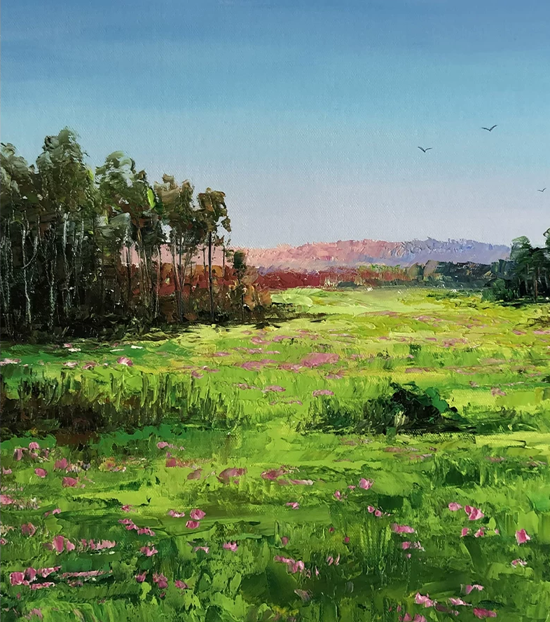 "The Boundless Emerald Meadow" - Original Landscape Oil Painting by Merited Artist Kim Yeong Cheol | 53x35cm Hand-Painted Impasto Field of Blooming Wildflowers Canvas 14739