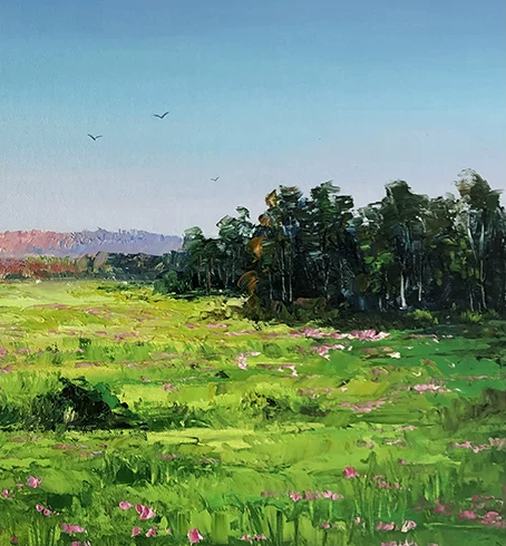 "The Boundless Emerald Meadow" - Original Landscape Oil Painting by Merited Artist Kim Yeong Cheol | 53x35cm Hand-Painted Impasto Field of Blooming Wildflowers Canvas 14739