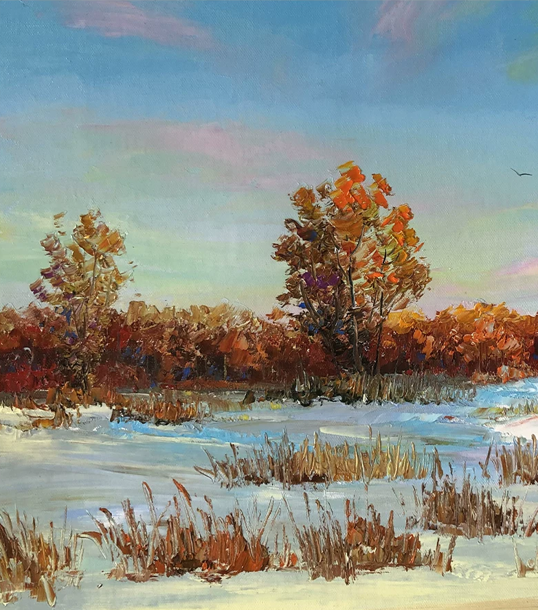 "The Resilience of Fiery Embers" - Original Landscape Oil Painting by Merited Artist Kim Yeong Cheol | 53x35cm Hand-Painted Impasto Winter Snow & Autumn Foliage Contrast Canvas 14734