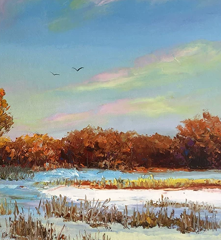 "The Resilience of Fiery Embers" - Original Landscape Oil Painting by Merited Artist Kim Yeong Cheol | 53x35cm Hand-Painted Impasto Winter Snow & Autumn Foliage Contrast Canvas 14734