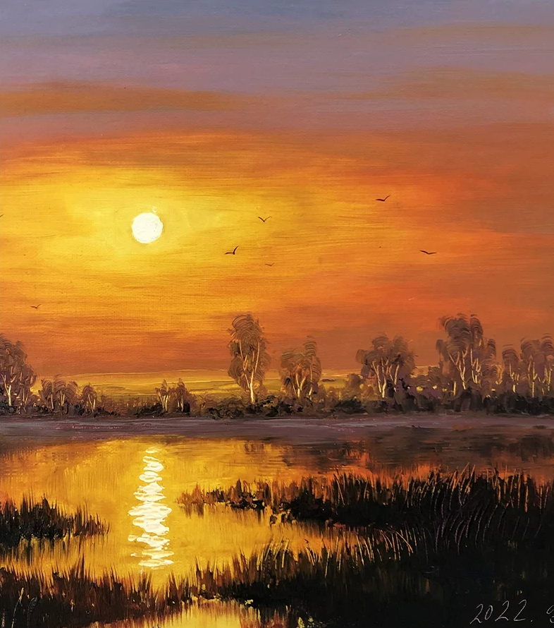 "The Gilded Pathway of Floating Embers" - Original Landscape Oil Painting by Merited Artist Kim Yeong Cheol | 53x35cm Hand-Painted Brilliant Golden Sunset & Shimmering River Horizon Canvas 14881